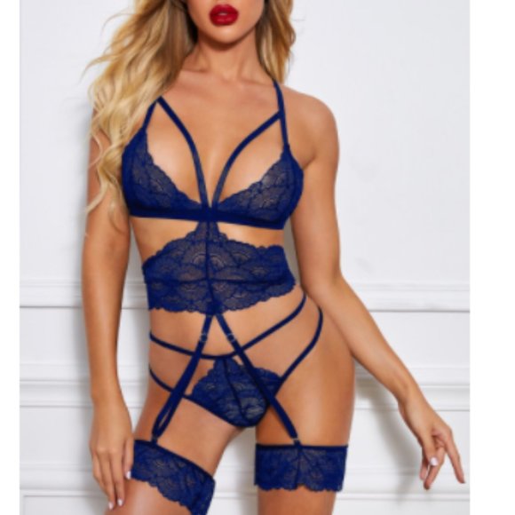 Unbranded Other - Blue Strappy Hollow-out Lace Bra Set with Garter